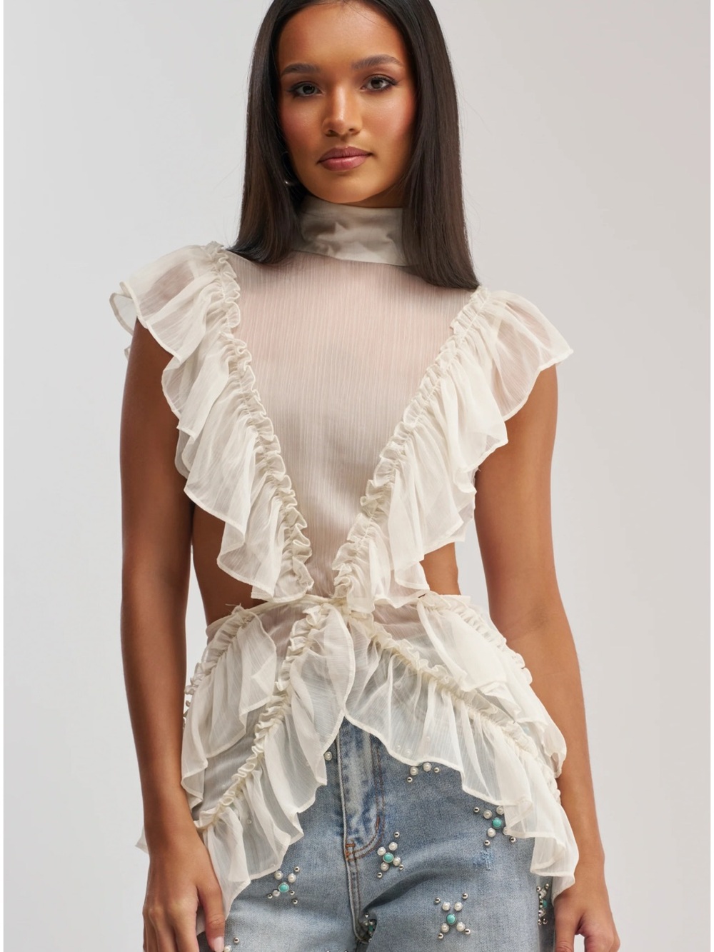 AKIRA Sheer Ruffle Chiffon Mock Neck Blouse - 1X White